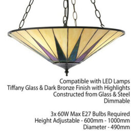 Tiffany Glass Hanging Ceiling Pendant Light Dark Bronze 3 Lamp Shade I00096 - thumbnail 2