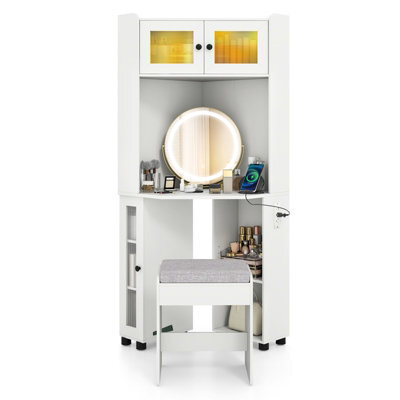 Gainoom Corner Vanity Desk Compact Dressing Table Modern Makeup Vanity W/charging Station & Cushioned Stool - image 1