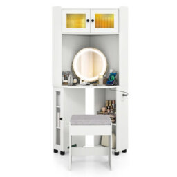 Gainoom Corner Vanity Desk Compact Dressing Table Modern Makeup Vanity W/charging Station & Cushioned Stool - thumbnail 1