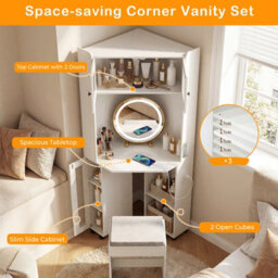 Gainoom Corner Vanity Desk Compact Dressing Table Modern Makeup Vanity W/charging Station & Cushioned Stool - thumbnail 9