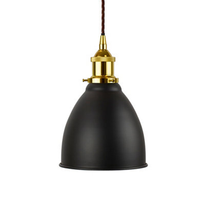Matt Black Classic Small Pantry Metal Painted Dome Pendant Light With Gold Lamp Holder And Brown Twisted Cable - Se Home