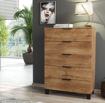 Furneo Modern Dark Oak Effect Chest Of Drawers Cabinet 5 Drawers Storage Cozy 05 - image 1