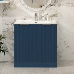 Royal Bathrooms Evora 800mm Midnight Blue Fluted Floor Standing Bathroom Vanity Unit 2 Door Cabinet Storage With Ceramic Basin Sink - 1 Tap Hole