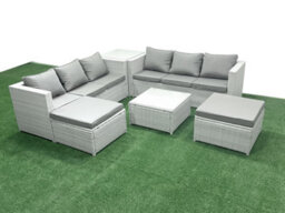 Fimous Rattan Garden Outdoor Furniture Set 8 Seater Rattan Garden Sofa Set 2 Big Stools Side Table Light Grey - thumbnail 2