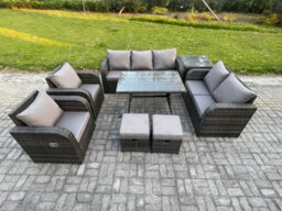 Fimous 9 Seater High Back Pe Rattan Sofa Set Outdoor Garden Furniture Dining Table Set With Reclining Chair 3 Seater Sofa - thumbnail 2