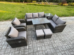 Fimous 9 Seater High Back Pe Rattan Sofa Set Outdoor Garden Furniture Dining Table Set With Reclining Chair 3 Seater Sofa - thumbnail 1