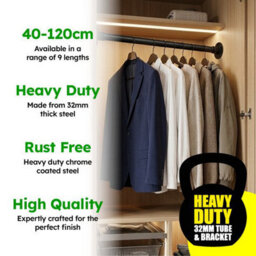 Heavy Duty, 32mm Black Industrial Wardrobe Rail, Set Of 2X 40Cm Wall Mounted Clothes Hanging Rail - thumbnail 2