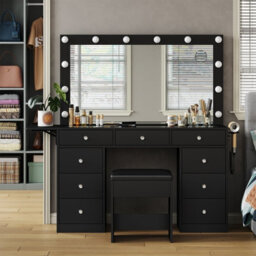 Fusou Dressing Table With Led Mirror, 15 Drawers  Vanity Desk With Power Outlet, 13 Lights, 3 Colour Modes, Vanity For Bedroom - thumbnail 1