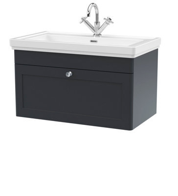 Balterley Swynnerton Traditional Bathroom Wall Hung 1-Drawer Vanity Unit & Fireclay Basin, Dark Grey, 800mm - image 1