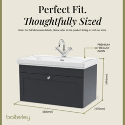 Balterley Swynnerton Traditional Bathroom Wall Hung 1-Drawer Vanity Unit & Fireclay Basin, Dark Grey, 800mm - thumbnail 5