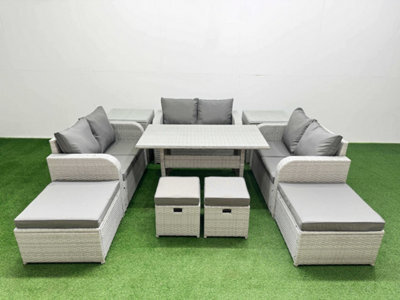 Fimous 10 Seater Outdoor Garden Furniture Set With Dining Table Love Sofa 2 Big Footstools 2 Small Stool 2 Side Tables Light Grey - image 1