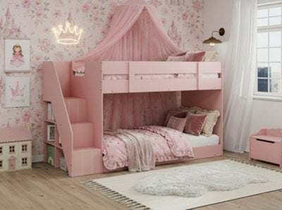 Pink Low Height Bunk Bed With Staircase And Shelves Single 3Ft - image 1