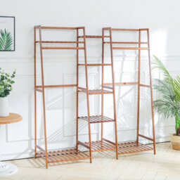 Living And Home Brown Bamboo Trapezoid Clothes Rack Clothes Hanging Rack Stand With 5 Tiers Storage Shelves - thumbnail 3