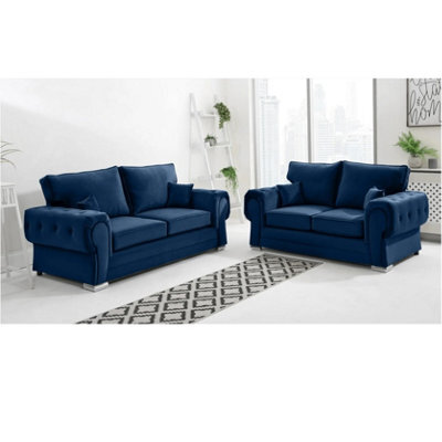 Chingford Plush Velvet Full Back 3+2 Seater Sofa Set  Marine Blue