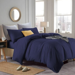 Ameha Plain Dyed Duvet Cover Complete Set With Matching Fitted Sheet & Pillowcase Microfiber King Navy - thumbnail 1
