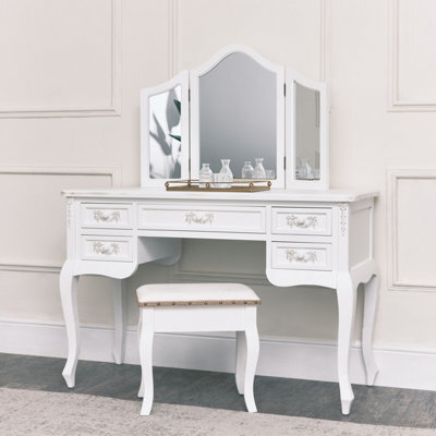 Melody Maison Antique White Dressing Table Desk With Triple Mirror And Stool - Pays Blanc Range - image 1