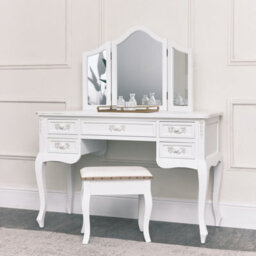 Melody Maison Antique White Dressing Table Desk With Triple Mirror And Stool - Pays Blanc Range - thumbnail 1