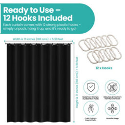 Neel Blue Shower Curtain With Hooks, Water-Resistant Vinyl Fabric, 180Cm X 180Cm Black - thumbnail 2