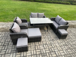 Fimous Outdoor Rattan Garden Furniture 8 Piece Grey Patio Furniture Set 9 Seater Lounge Sofa Set With Rectangular Table 3 Stools - thumbnail 2