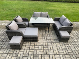 Fimous Outdoor Rattan Garden Furniture 8 Piece Grey Patio Furniture Set 9 Seater Lounge Sofa Set With Rectangular Table 3 Stools - thumbnail 1