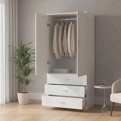 White Wood Wardrobe 2 Door 3 Drawer Bedroom Furniture Clothing Storage With Single Rod - image 1