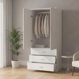 White Wood Wardrobe 2 Door 3 Drawer Bedroom Furniture Clothing Storage With Single Rod - thumbnail 1