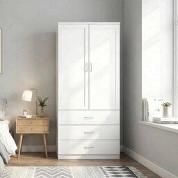 White Wood Wardrobe 2 Door 3 Drawer Bedroom Furniture Clothing Storage With Single Rod - thumbnail 3