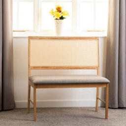Seconique Ellis 2 Seater Bench In Oak Effect With Rattan Back And Grey Fabric