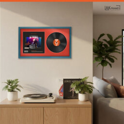 "30X17"" Navy Blue Sleek Vinyl Record Frame With Poppy Red Mount For 12 Inch Lp Album Cover & Disc - Ak Frames" - thumbnail 5