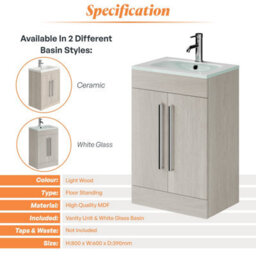 Plum&clay Novela Light Wood Floor Standing Vanity Unit With Glass Basin Bathroom Furniture (W)600mm - thumbnail 5