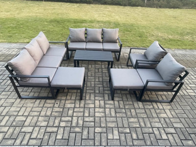 Fimous Aluminium Outdoor Garden Furniture Lounge Sofa 2 Pc Chairs Oblong Coffee Table Sets With 2 Big Footstools Dark Grey - image 1