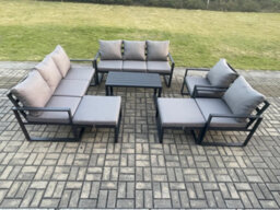 Fimous Aluminium Outdoor Garden Furniture Lounge Sofa 2 Pc Chairs Oblong Coffee Table Sets With 2 Big Footstools Dark Grey - thumbnail 1