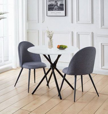 Hallowood Furniture Cullompton Small Round White Marble Effect Dining Table 90Cm With 2 Curved-Back Grey Fabric Chairs - image 1