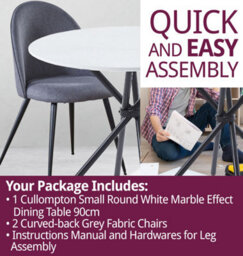 Hallowood Furniture Cullompton Small Round White Marble Effect Dining Table 90Cm With 2 Curved-Back Grey Fabric Chairs - thumbnail 7