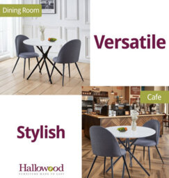 Hallowood Furniture Cullompton Small Round White Marble Effect Dining Table 90Cm With 2 Curved-Back Grey Fabric Chairs - thumbnail 6