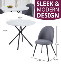 Hallowood Furniture Cullompton Small Round White Marble Effect Dining Table 90Cm With 2 Curved-Back Grey Fabric Chairs - thumbnail 3
