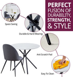 Hallowood Furniture Cullompton Small Round White Marble Effect Dining Table 90Cm With 2 Curved-Back Grey Fabric Chairs - thumbnail 2