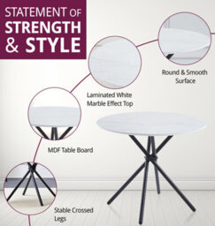 Hallowood Furniture Cullompton Small Round White Marble Effect Dining Table 90Cm With 2 Curved-Back Grey Fabric Chairs - thumbnail 4