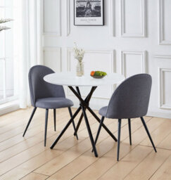 Hallowood Furniture Cullompton Small Round White Marble Effect Dining Table 90Cm With 2 Curved-Back Grey Fabric Chairs