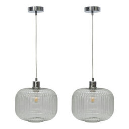 First Choice Lighting Set Of 2 Batley Large - Clear Ribbed Glass With Chrome Pendant Fitting - thumbnail 1