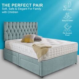 Dining Tables Beirut Matching Headboard Divan Set, 2 Drawer On Same Side With Sprung 1500 Comfort Mattress - Chenille Pale Blue - Double - thumbnail 2
