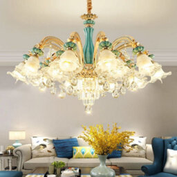 Wdw 10-Arm Blue And Gold Chandelier Pendant Ceiling Light, Ceramic Crystal Zinc Alloy - thumbnail 4