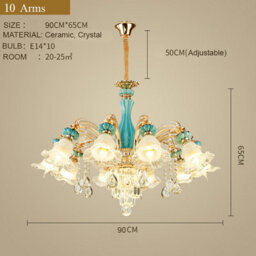 Wdw 10-Arm Blue And Gold Chandelier Pendant Ceiling Light, Ceramic Crystal Zinc Alloy - thumbnail 2