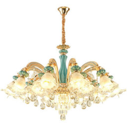 Wdw 10-Arm Blue And Gold Chandelier Pendant Ceiling Light, Ceramic Crystal Zinc Alloy