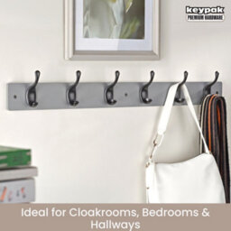 Keypak 6 Matte Black Coat Hooks On Grey Wooden Board - 68Cm Modern Wall Mounted Coat Rack Clothes Hanger - thumbnail 5
