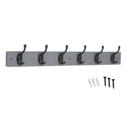 Keypak 6 Matte Black Coat Hooks On Grey Wooden Board - 68Cm Modern Wall Mounted Coat Rack Clothes Hanger