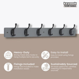 Keypak 6 Matte Black Coat Hooks On Grey Wooden Board - 68Cm Modern Wall Mounted Coat Rack Clothes Hanger - thumbnail 2