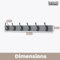 Keypak 6 Matte Black Coat Hooks On Grey Wooden Board - 68Cm Modern Wall Mounted Coat Rack Clothes Hanger - thumbnail 3