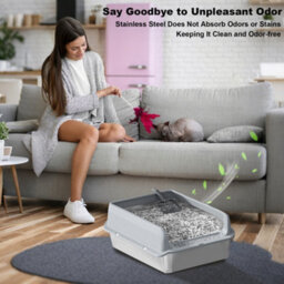 London Boutique Stainless Steel Cat Litter Box, 60X40X30Cm High Sided Litter Tray, Enclosed Metal Design, Scoop And Mat, Grey - thumbnail 5