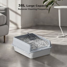 London Boutique Stainless Steel Cat Litter Box, 60X40X30Cm High Sided Litter Tray, Enclosed Metal Design, Scoop And Mat, Grey - thumbnail 3